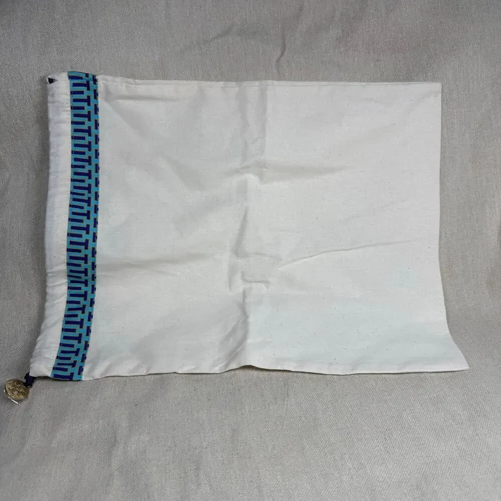 Tory Burch Dust Bag White Cotton Drawstring Pouch Blue Trim Logo Charm